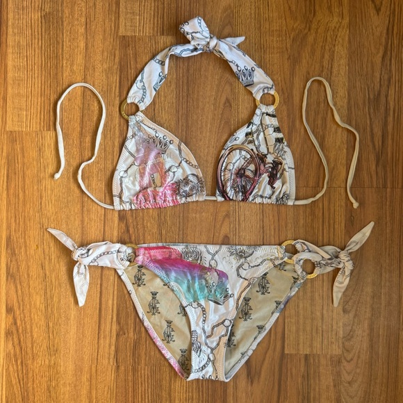 Ed Hardy Other - CHRISTIAN AUDIGIER Ed Hardy Vintage Y2K White Pink Blue Paris Bike Bikini Set